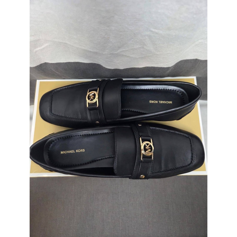 Michael Kors Mandy Loafer Moc Black Leather Square Toe Logo Buckle Shoe - Picture 2 of 10